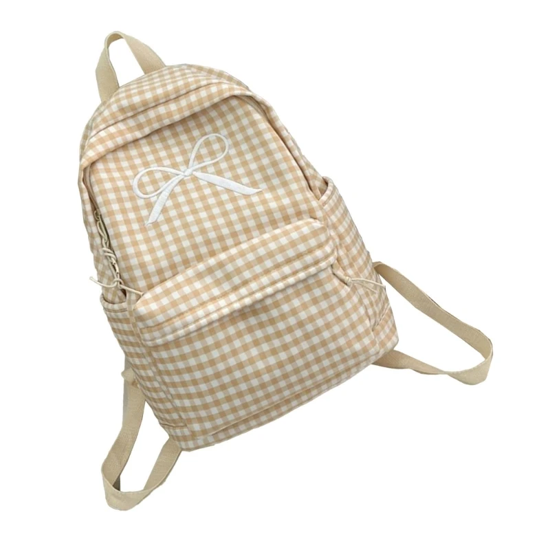 Japanese Women Girl Checkered Pattern Backpack Large Capacity Bowknot School Bag Book Bag for Everyday Use