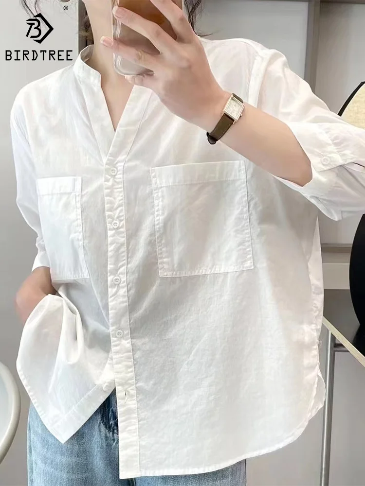 

Summer Cotton Shirts Women Mandarine Collar Solid Colors Tops Big Pocket Half Sleeve Loose Casual Blouses 2023 New T37943JM