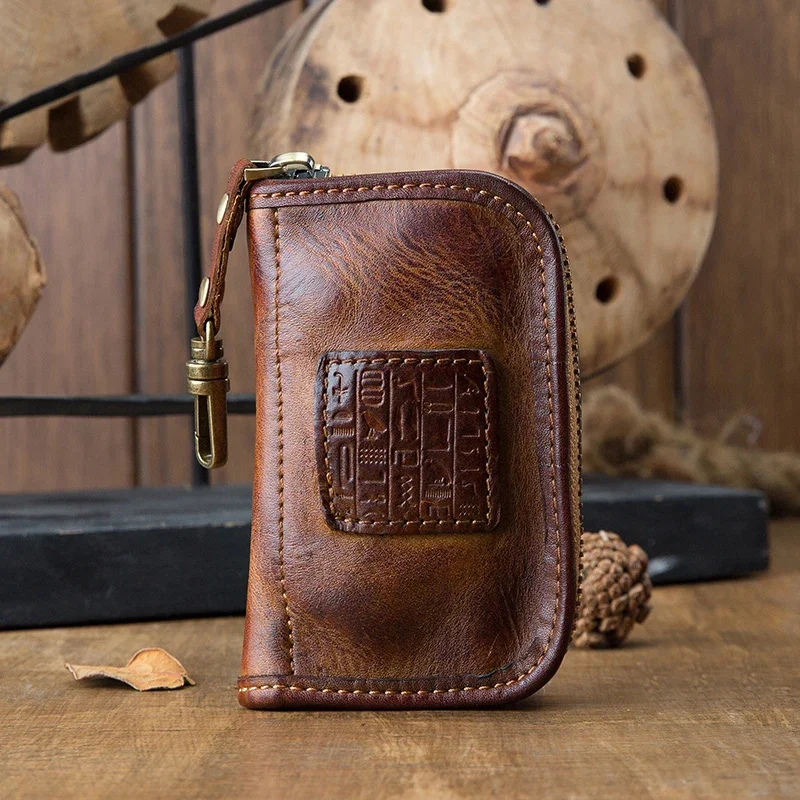 

Genuine Leather Credit Card Holder Vintage Cowhide Zipper Key Purse Multi-functional Coin Daily Wallet