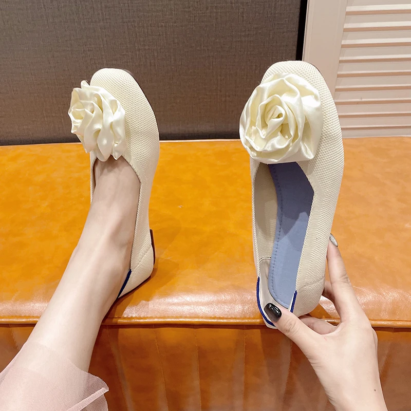 ZOOKERLIN Spring Autumn Flats Shoes For Women Solid Color Knitted Breathable Rubber Non Slip Sole Latex Insole Work Shoes Flower