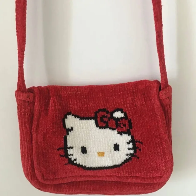 MBTI Hello Kitty Womens Shoulder Bag Corduroy Vintage Red Cartoon Embroidery Crossbody Bag Casual Cute Fashion Female Handbag