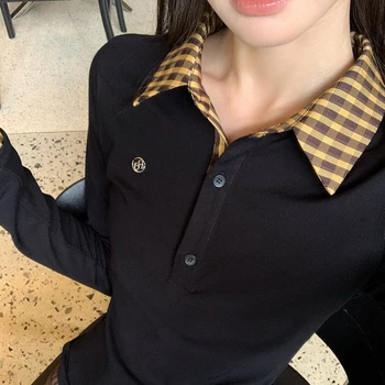 T-shirt da donna con ricamo patchwork scozzese con colletto polo T-shirt da donna a maniche lunghe autunnale casual in due pezzi slim fit