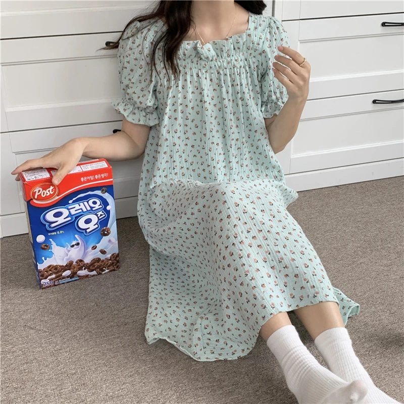 Women Summer Cotton Nightgown French Floral Print Ruffles Short Sleeve