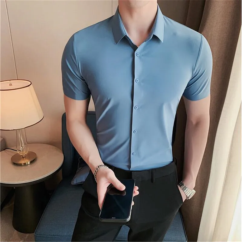 Casual Short Sleeved Shirt Short Sleeved Shirt 6colors Solid High Elasticity Seamless Short Sleeve Shirts Men Slim Social Casual Business Formal Dress Shirt