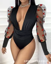 

Women's Love Flocking Mesh Splicing Jumpsuit 2022 Spring Summer New Fashion Sexy Deep V Neck Long Sleeve Black Short Jumpsuits