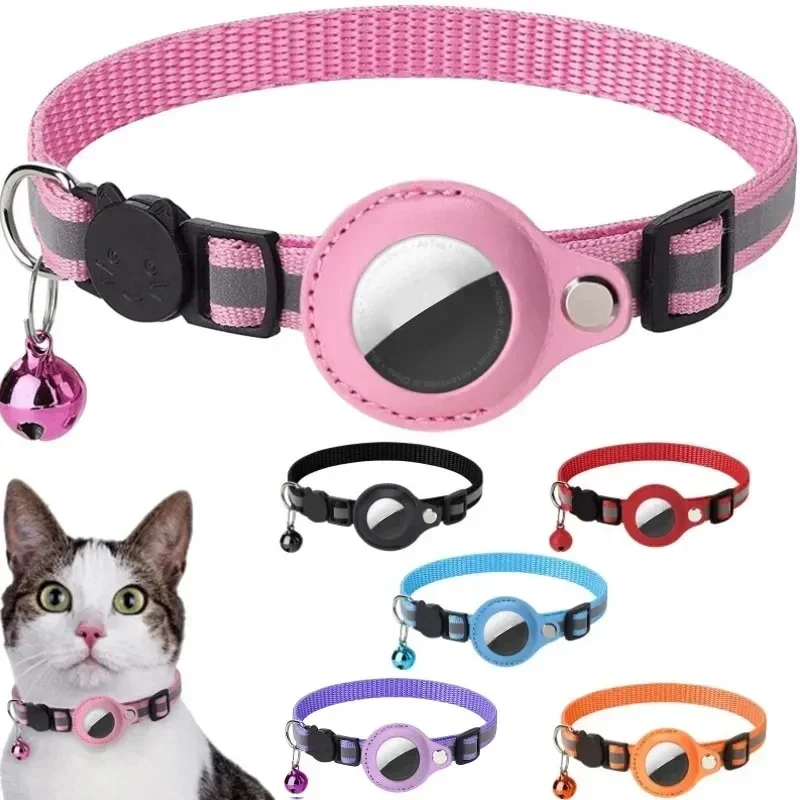 Airtag - Collar de gato con campanas, collar reflectante GPS para gato,  collar de rastreador de gatos antipérdida, collar de cuero ajustable para