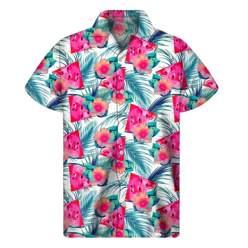 thumbnail image 1 of Camisa hawaiana con estampado de sandía tropical para hombre, camisas hawaianas con estampado de frutas en 3D, blusas de verano con botones y solapa de manga corta, 1 of 5