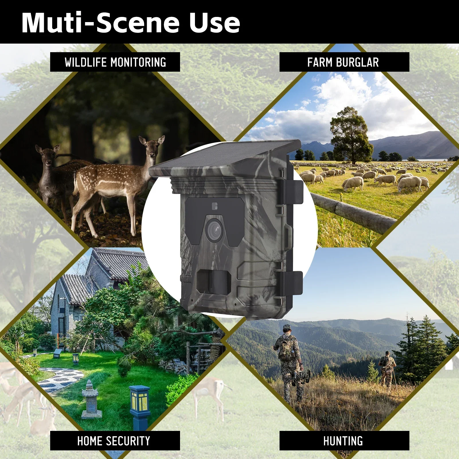 Solar Powered Night Vision Trail Camera 50MP 4K Hunting Cameras 0.3s Trigger Time Trail Camera for Wildlife Monitoring Hunting