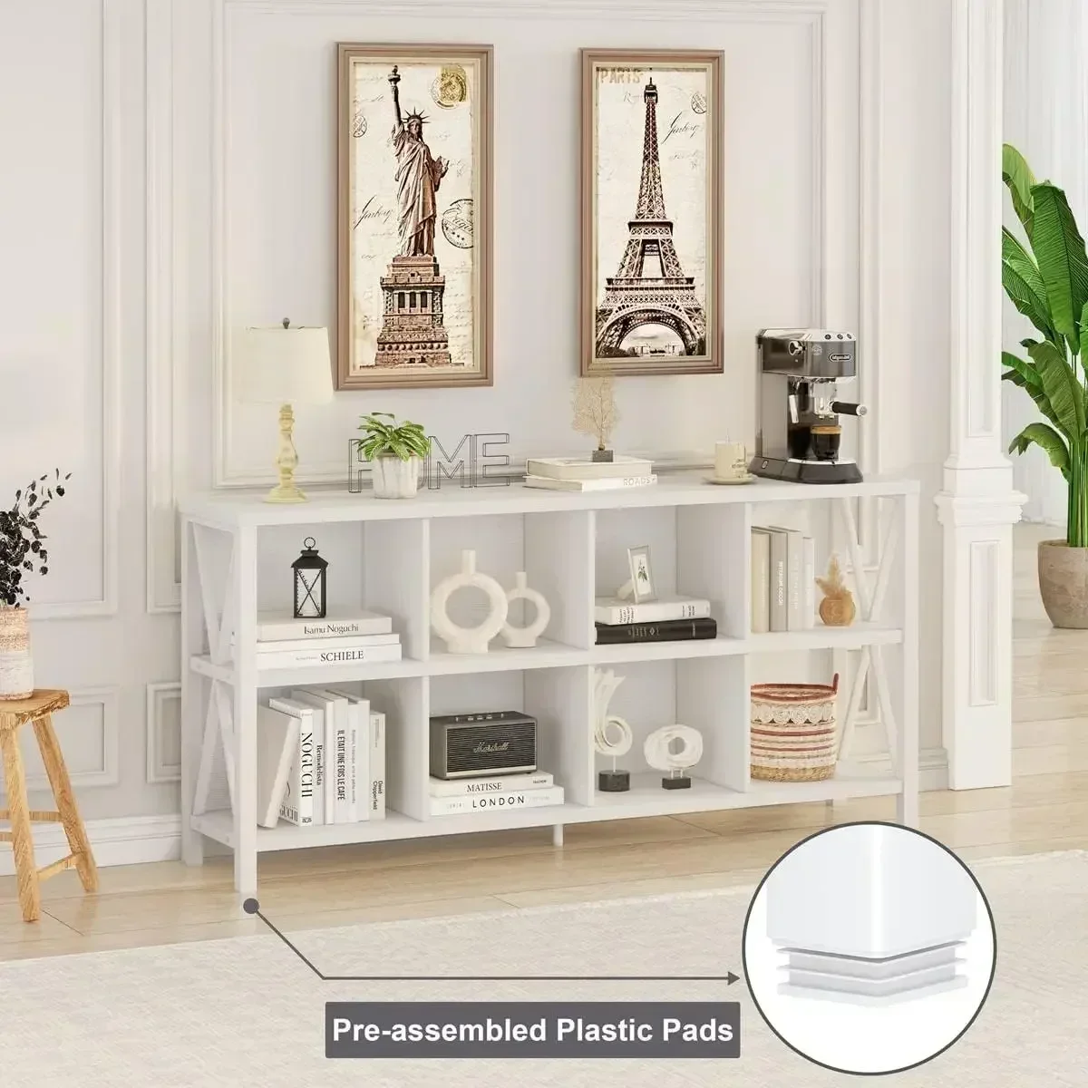 NEW-8 Cube Storage Organizer Bookshelf,Rustic Wood Cubby Bookcase,Industrial Horizontal Long Shelf for Living Room(White Oak,62I