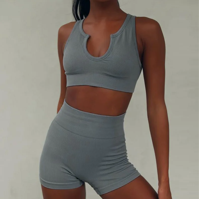 Knitted sexy women's sports short sleeved shorts fitness suit seamless yoga suit set