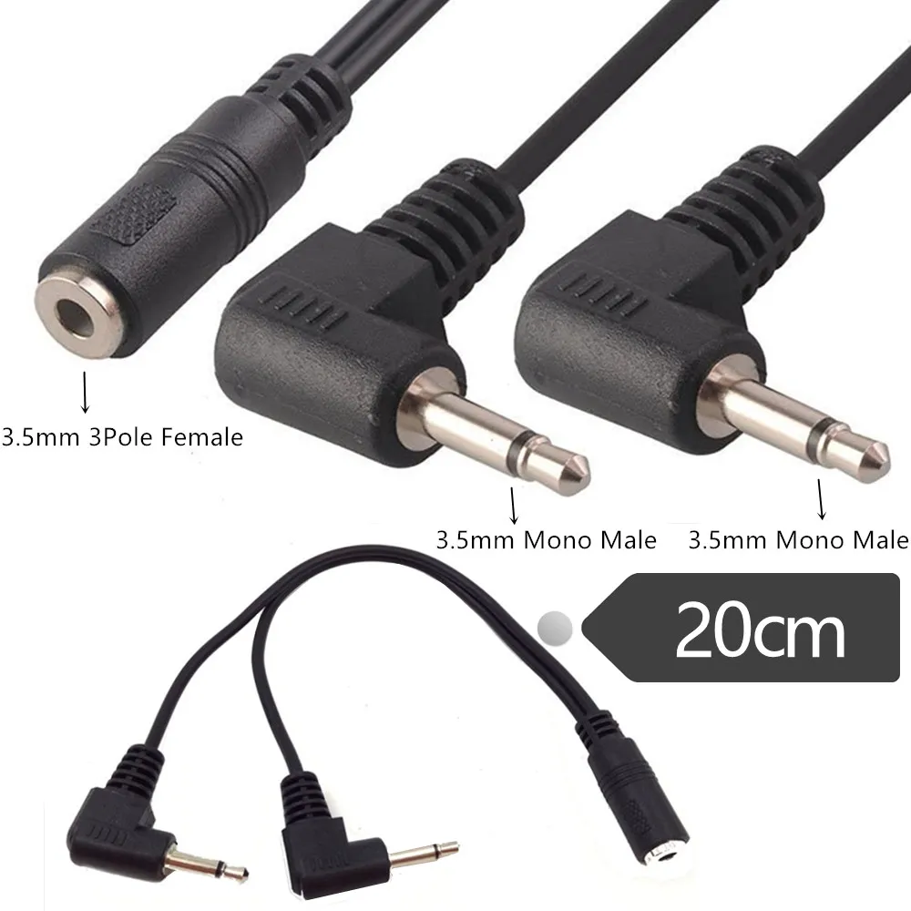 

3.5mm 1/8 inch Female to 2 Dual 1/8 inch 3.5mm Mono Male Right Angle 90 Degree Adapter Cord Y Splitter Cable