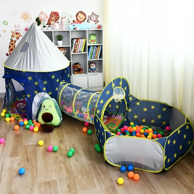 3 in 1 Portable Rocket Children's Tent Toys Camping Tent Kids Ball Pool for Children Play House Crawling Tunnel Pop-up Tent