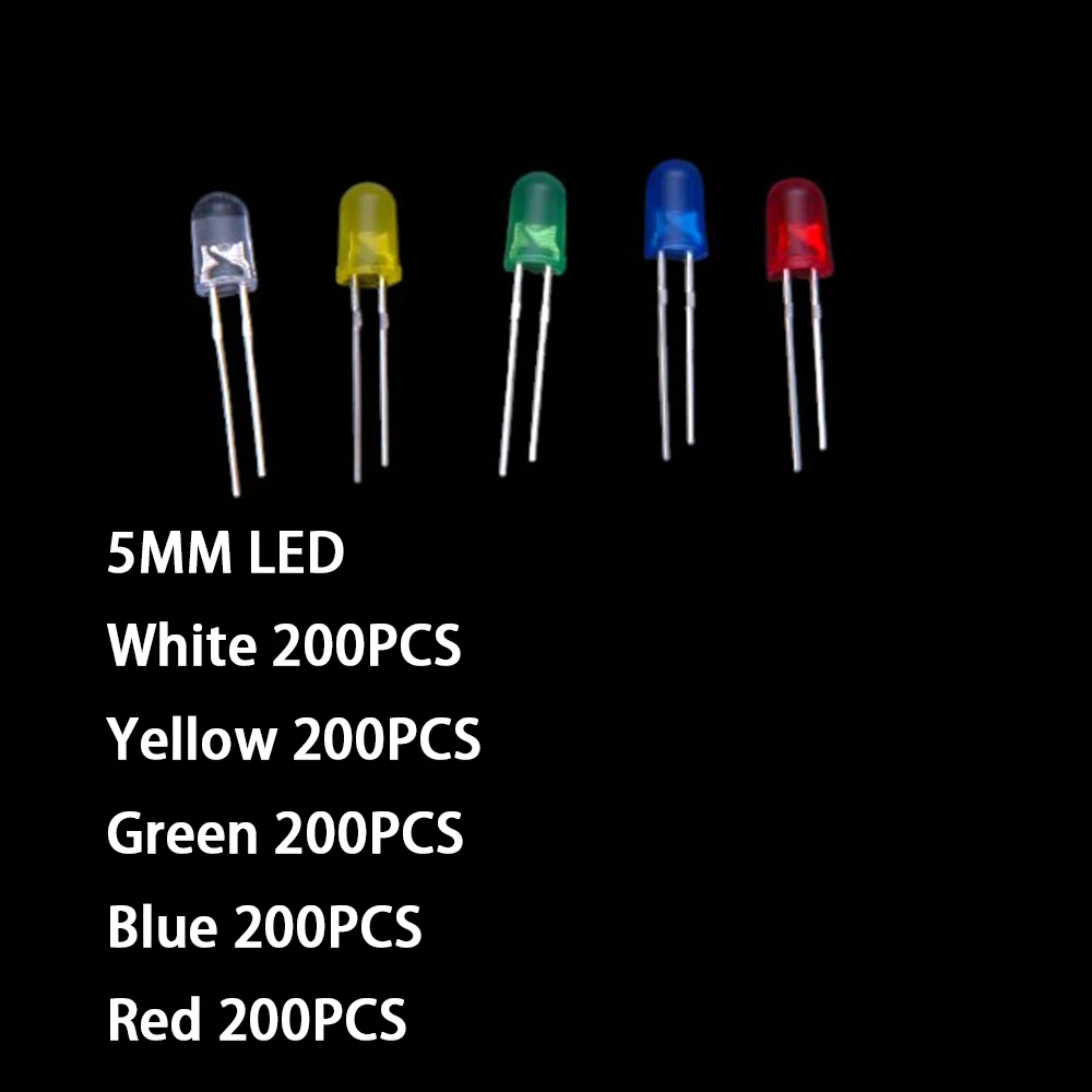 5가지 값 빨간색 녹색 1000개 5mm LED 발광 다이오드 빨간색 녹색 노란색 파란색 흰색 DIP 각 200개