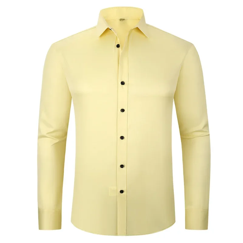 thumbnail image 1 of Camisa de manga larga antiarrugas y resistente al calor para hombre, de color liso, con cuello cuadrado, para uso informal de negocios, con cuatro lados cruzados, 1 of 5