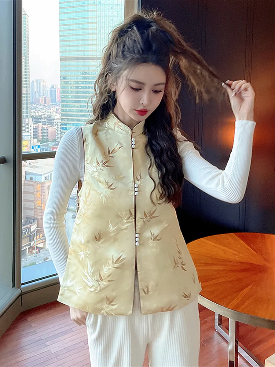 Bamboo Print Chinese New Year Women Traditional Weskit Vest