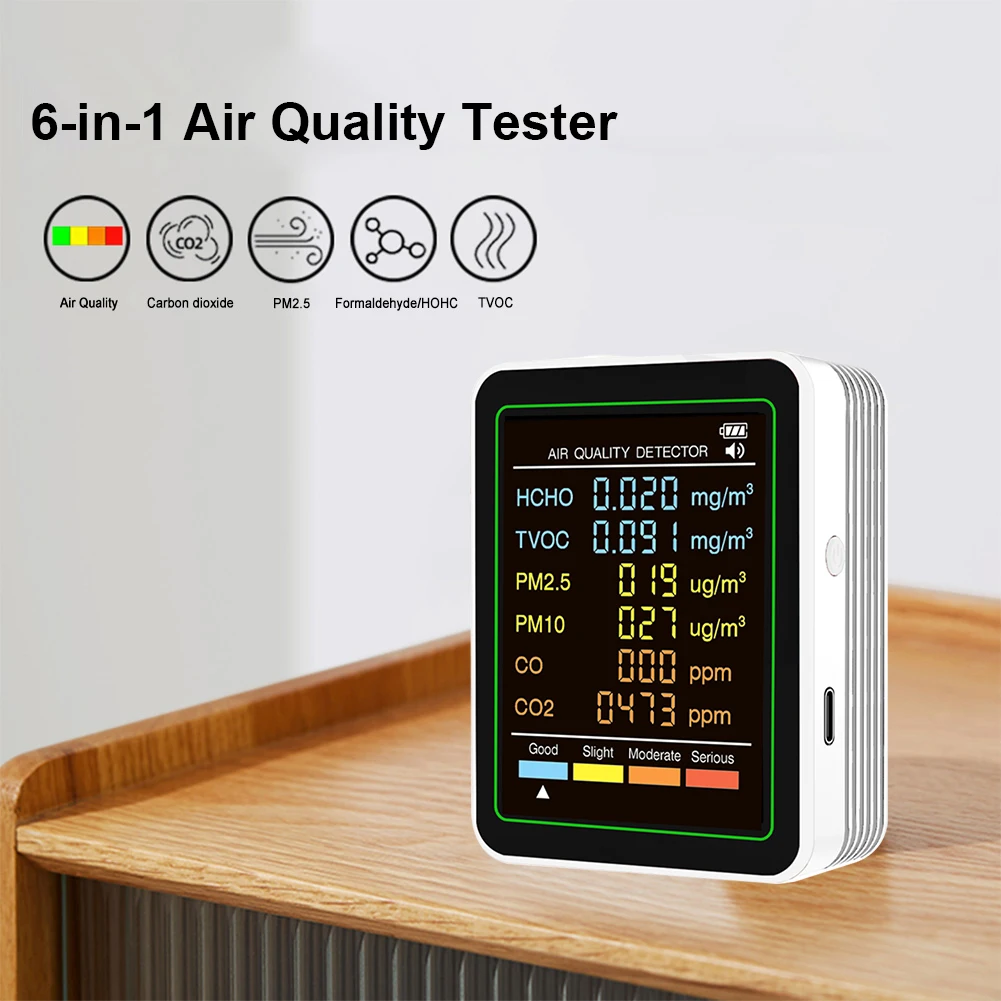 Multifunctional 6 in 1 Air Quality Detector Tester Temperature Humidity Meter TVOC PM2.5 PM10 CO CO2 Household
