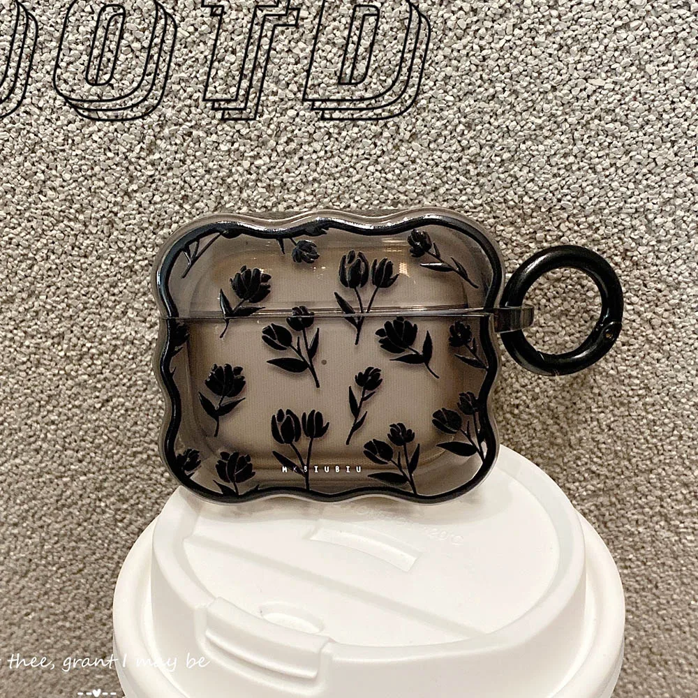 INS Clear Black Tulip Flower Case For AirPods 3 1 Cute Transparent Cover Retro Rose Flowers Wave Earphone Funda For Airpod Pro 2