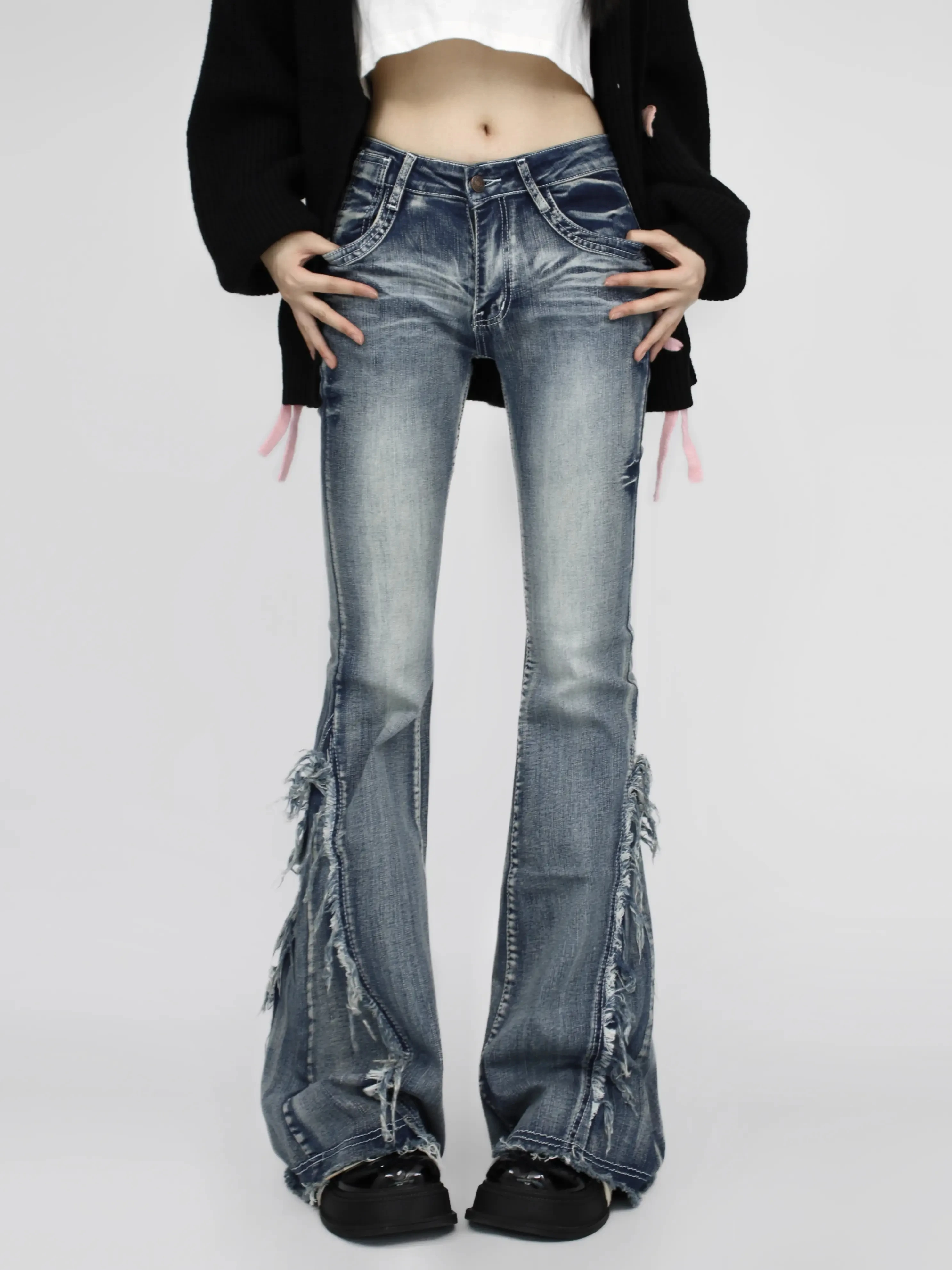 パンツ 00s LAGUST painted flare jeans y2k punk Women's Black Gothic Baggy Flare Jeans Harajuku Y2k