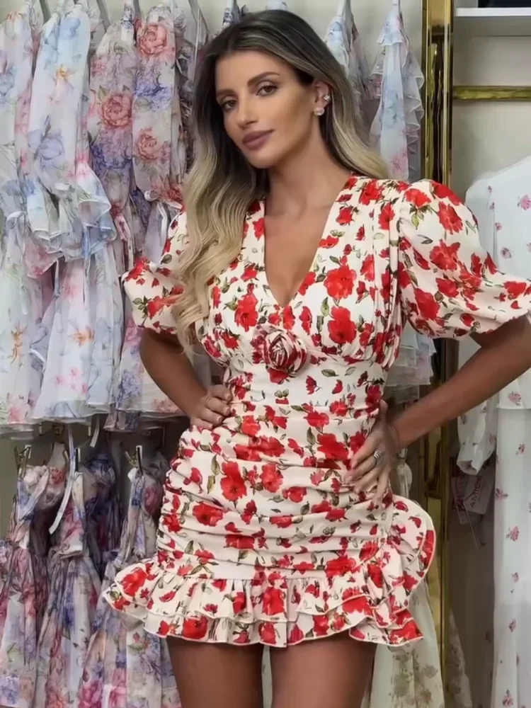 White Red Floral Ruched Puff Sleeve Mini Dress V-neck Ruffle Hem 3d Flower Dresses Summer Lady Party Sweet Date Vestido New 2026 2