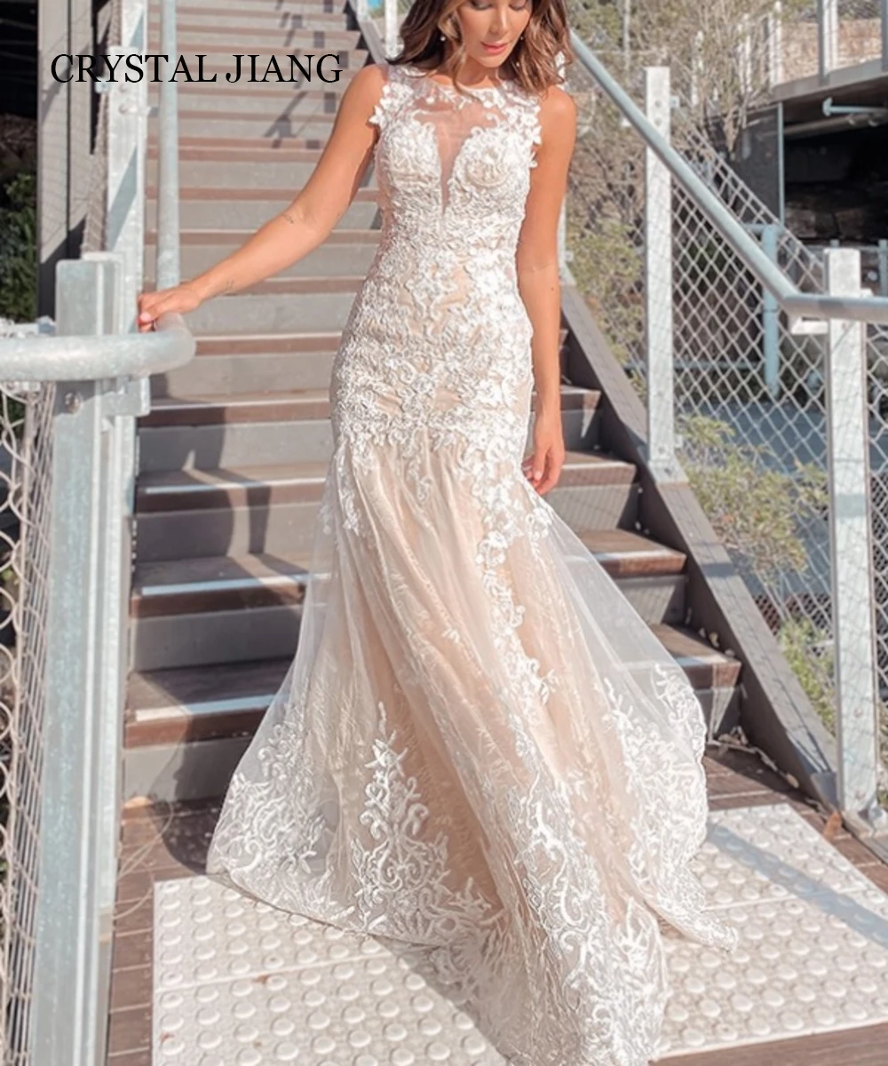 

Elegant Long Wedding Dresses Scoop Tulle Applique Sleeveless Mermaid Court Train فساتين مناسبة رسمية for Women