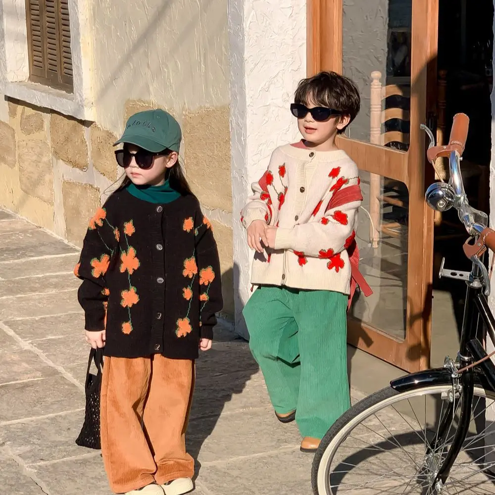 

Childrens Sweater 2023 Spring and Autumn Boys and Girls Korean Flower Cardigan Sweater Childrens Casual Loose Knit Coat