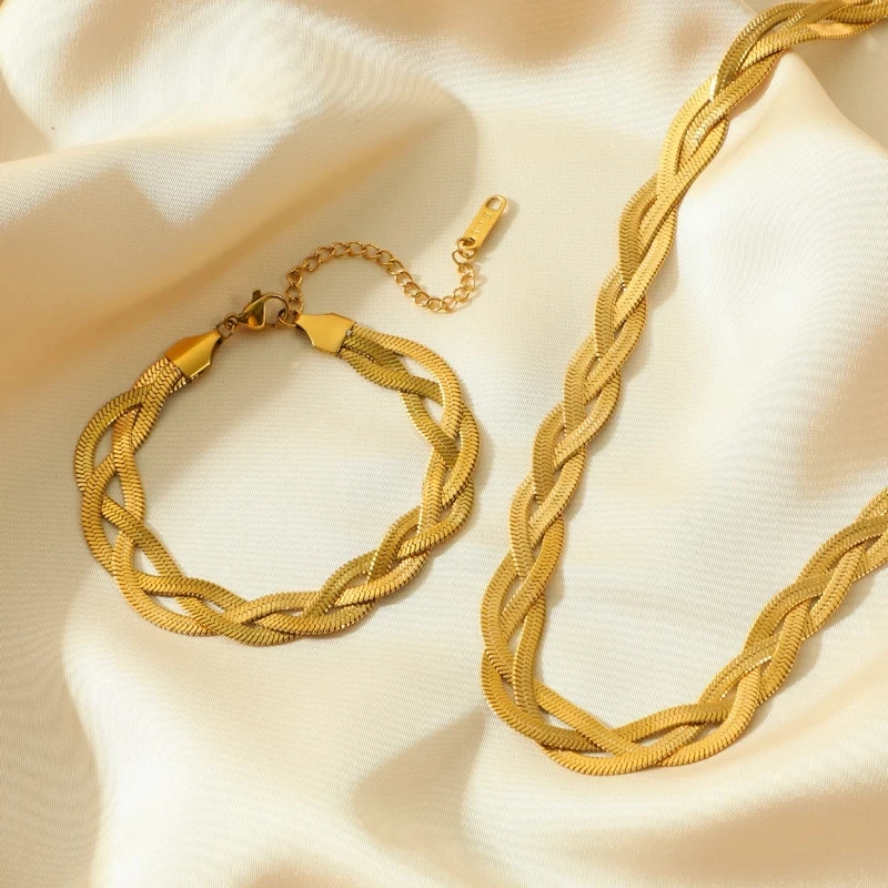 Jewelry Sets 316L Stainless Steel 3-Color Chains Crossing Necklace Bracelet for Women Girl Fashion Waterproof