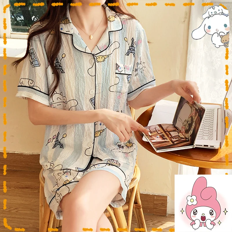 

Sanrio Pajamas Kuromi Melody Cinnamoroll Cotton Yarn Short Sleeve Pajamas Women's Summer Puff Cardigan Sweet Cute Loungewear Set