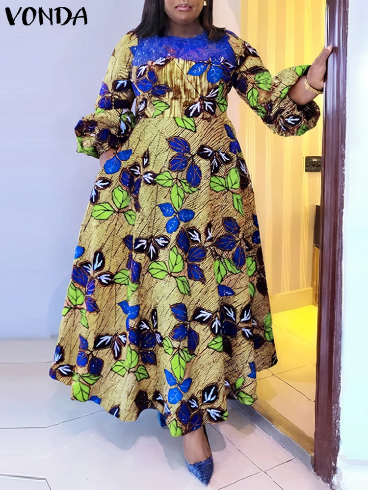 VONDA Women Elegant Maxi Dresses Casual Floral Printed Sundress Lace  Patchwork Round Neck Robe Bohemian Party Holiday Vestidos - AliExpress  200000345