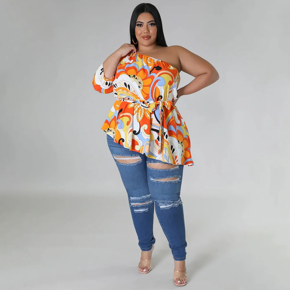 Plus Size Women Tops Leaf Print One Shoulder Shirt For Lady Fashion Casual Outfit Female Belt Cloth 2023 Summer Large Size Tops