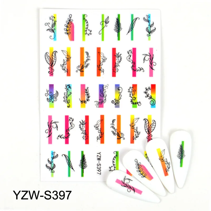 3D Nail Stickers Black Lines Geometric Leaves Heart Nail Design Adhesive Sliders For Manicure Decoration Art Decals