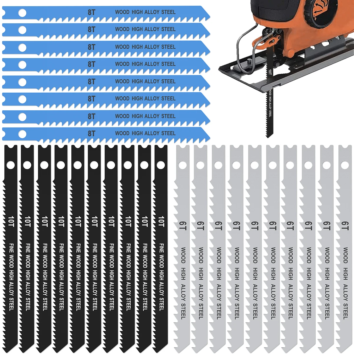 25pcs Jig Saw Blade Set 6T 8T 10T High Carbon Steel Saw Blades with U-shank Sharp Fast Cut Down Jigsaw Blade Woodworking Tool