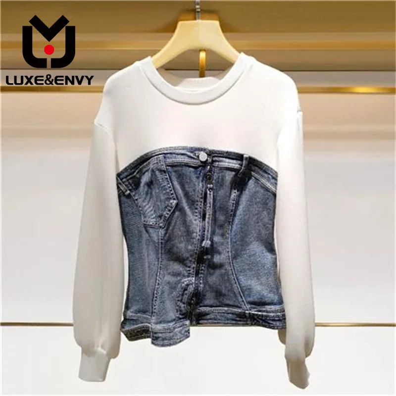 

LUXE&ENVY New Design Sense Top Fashion Age Reducing Denim Splice Pure Cotton Sweater Women's Trend 2023 Autumn