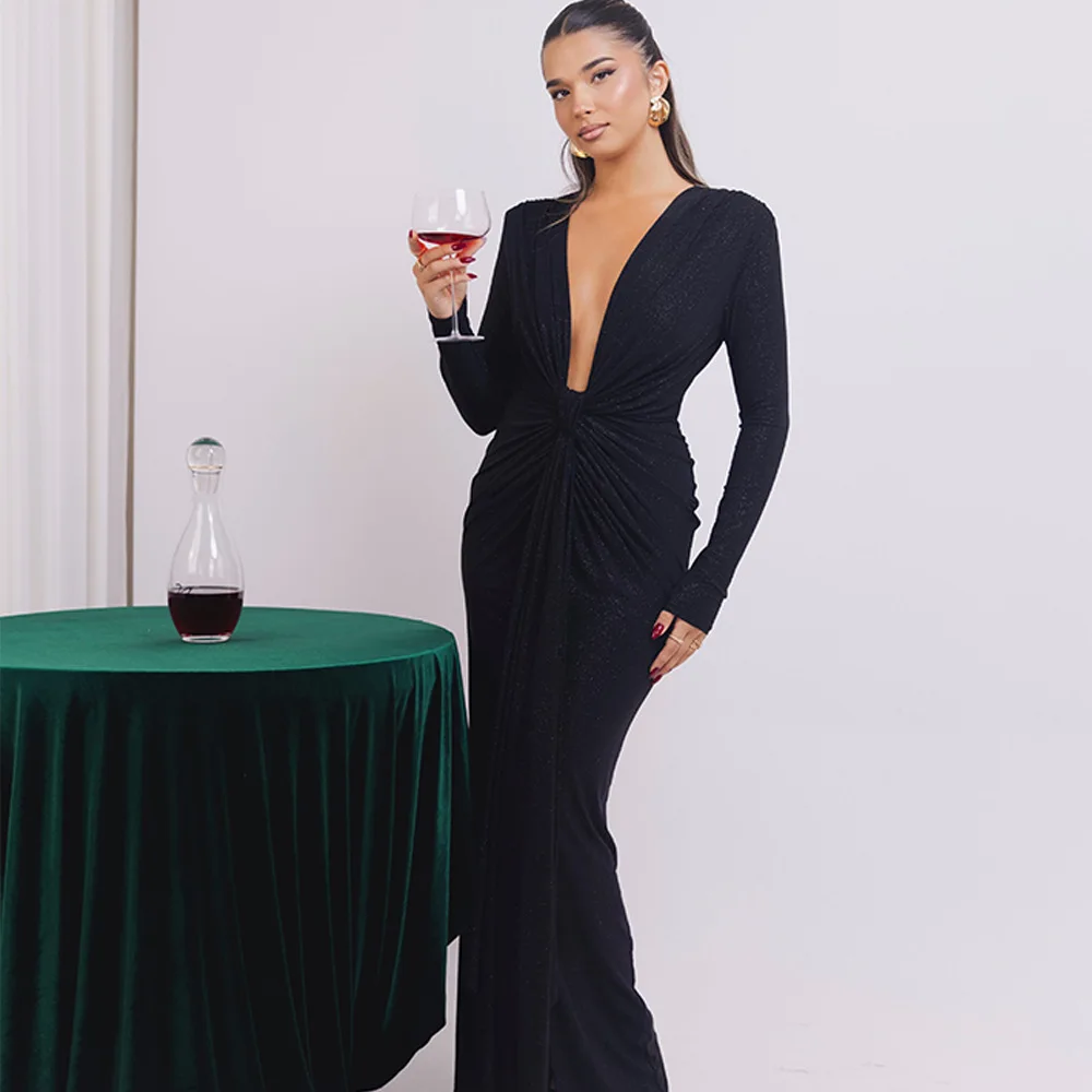 Elegant Long Sleeve Elastic Tight Party Evening Dress For Women Sexy Deep V-Fold Lace Vestido Autumn/Winter New 2025