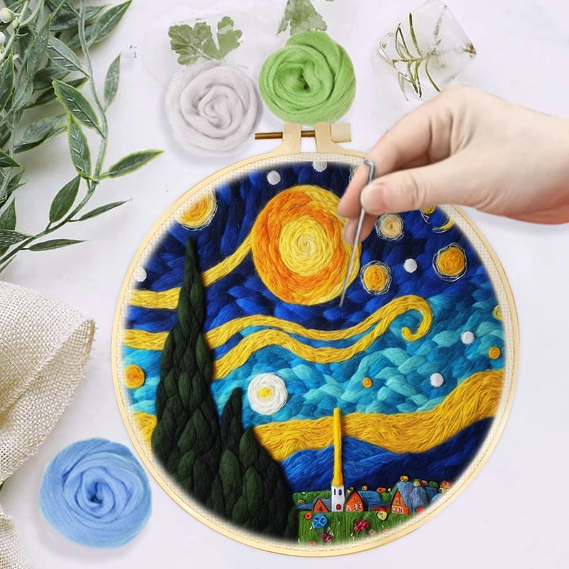 Wool Felting Kit 1 Pack DIY Wool Felting Painting With Embroidery Frame Handmade Needle Wool Painting Picture For Home Decors Craft
