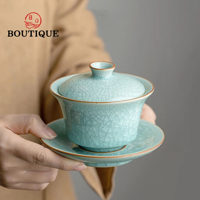 

180ml Retro Ru Kiln Ceramic Tea Tureen Ice Flower Glaze Sancai Tea Bowl Can Raise Open Piece Tea Maker Gaiwan Kung Fu Tea Set