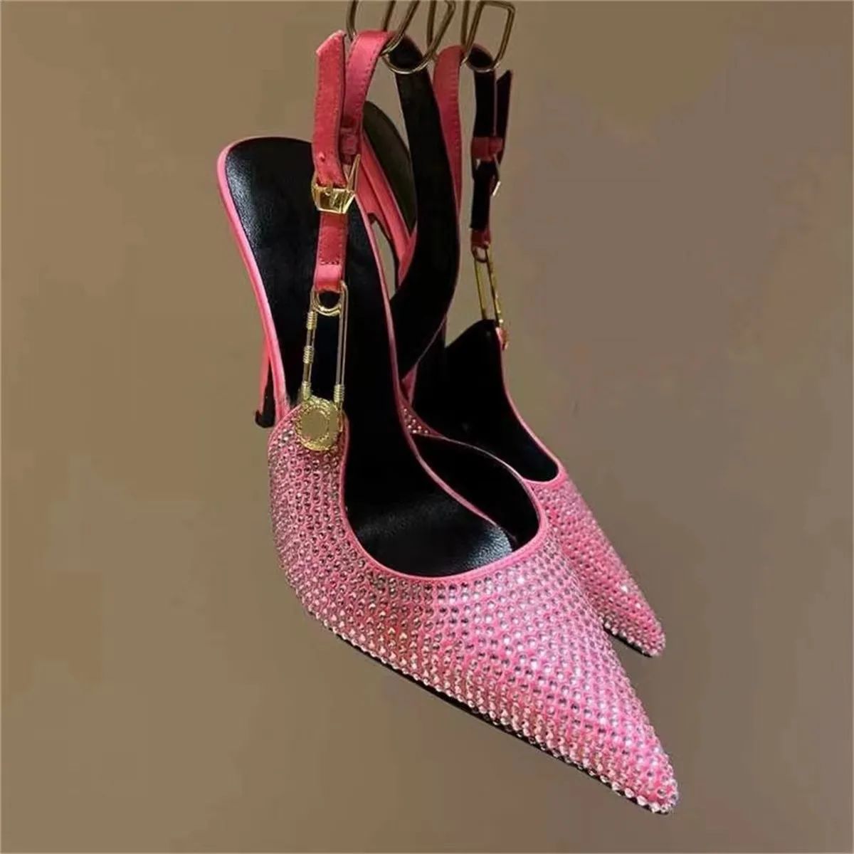 Pointed Baotou Water Diamond Full Diamond Metal Buckle Decoration Fine Heels High Heels Fashion Large Sandals for Women