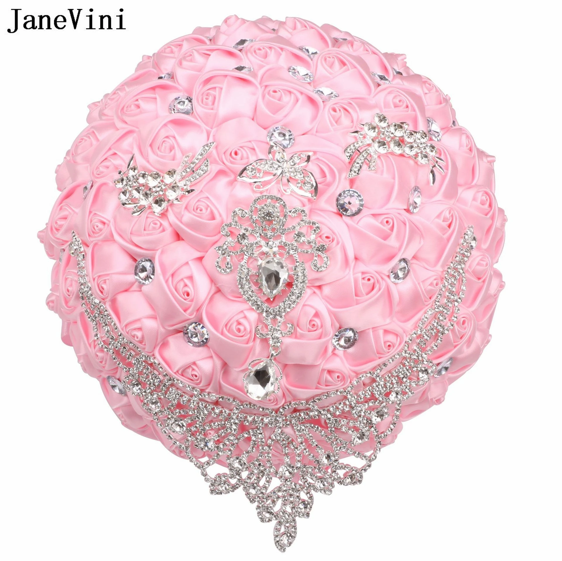 

JaneVini European Style Pink Bouquet for Bride Bridesmaids Creative Rhinestone Crystal Wedding Bouquets Satin Brooch Flowers