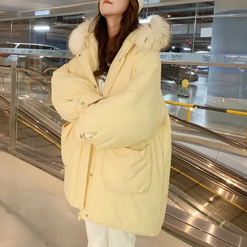 

Mid Long Down Parkas Coat Women Fur Collar Hooded Cotton Padded Jackets Female 2023 New Winter Women's Cold Coat Thicken Jacket