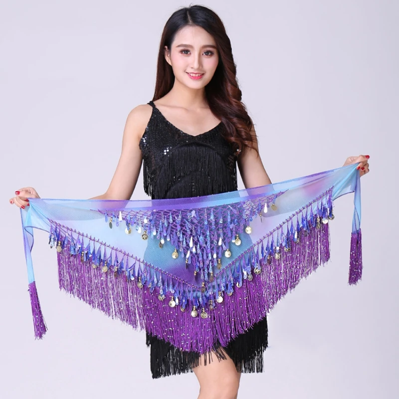 Belly Dance Hip Skirt Scarf For Wrap Waist Belt Bling Golden Coin Sequins Tassels Accessories Chiffon Fringe Scarf Waist Chain