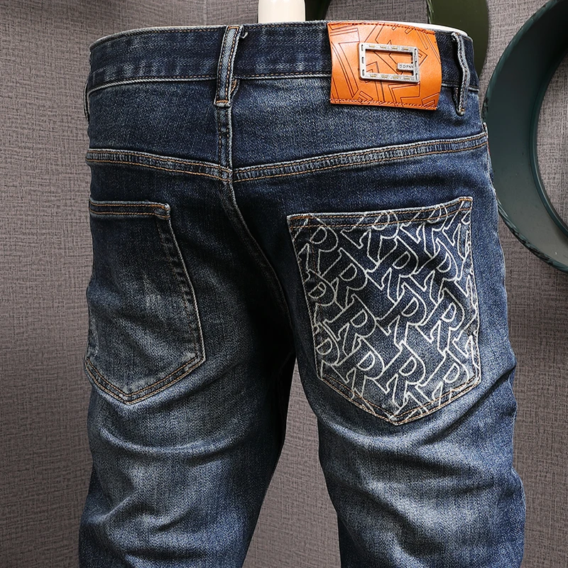 Newly Fashion Vintage Men Jeans High Quality Retro Blue Elastic Slim Ripped Jeans Men Pocket Designer Casual Denim Pants Hombre