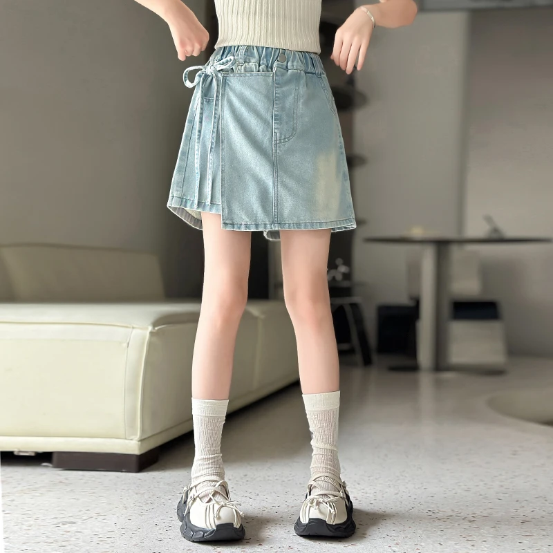 Kids shorts girls summer denim skirt shorts tether decoration casual sports 5-15 years old