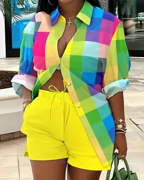 2025 Spring Autumn Casual Woman Sets Fashion Shirt Printed Button Shirt&Shorts Streetwear Shorts Pant Outfit Suit Two Piece Set 1