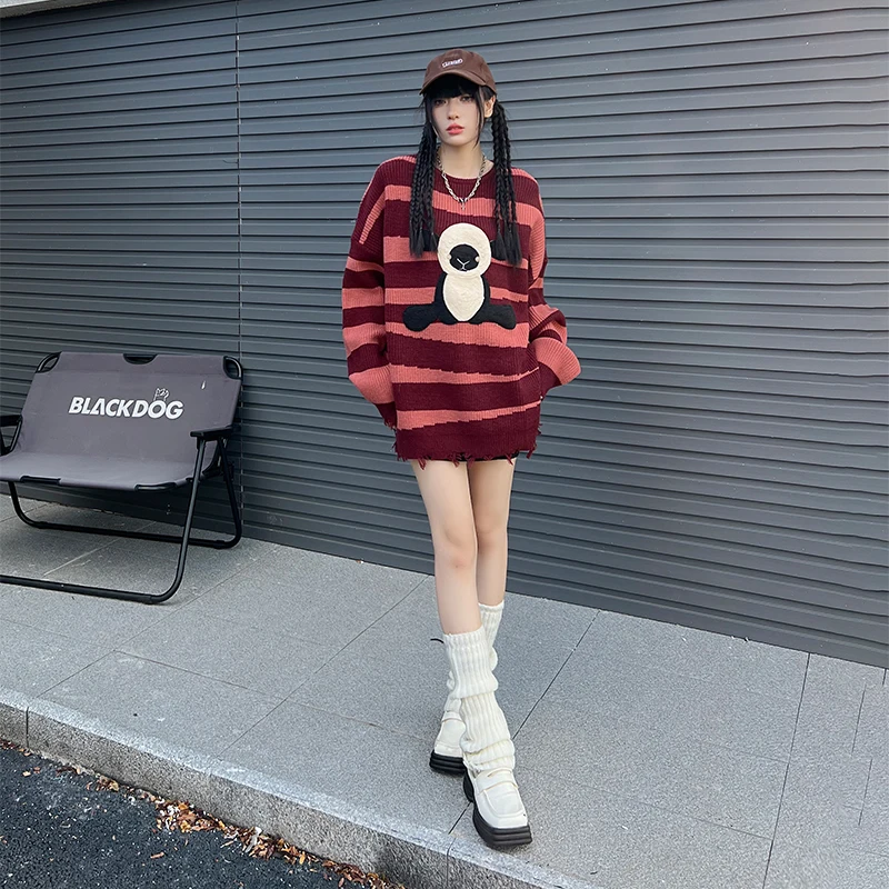 UPRAKF Cartoon Sheep Striped Sweater Long Sleeves Warm Autumn Harajuku Casual Trendy Fashion Loose O Neck Winter