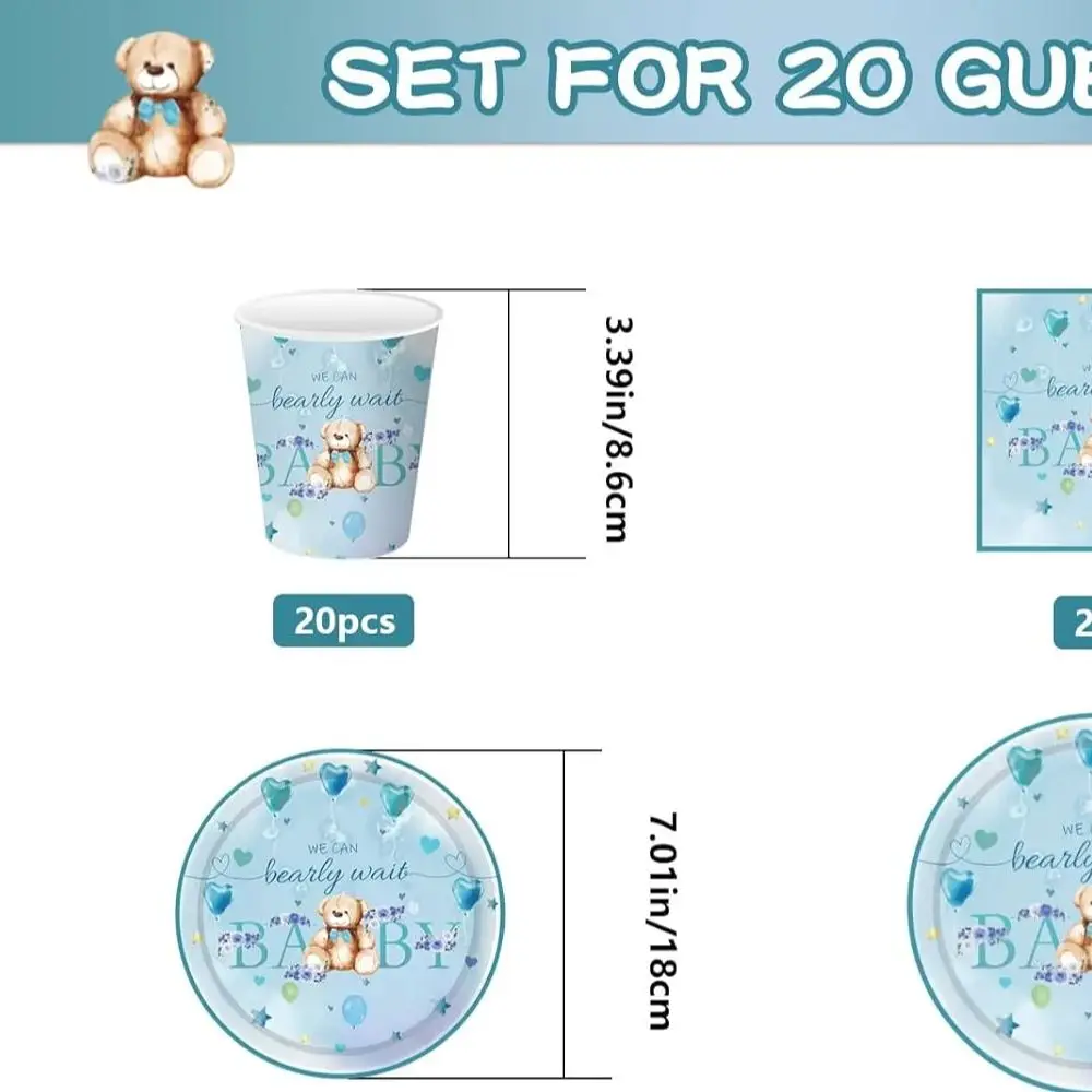 Plush Bear Birthday Decoration Party Tableware Set for 20 Guests 81 Pieces of Plush Bear Birthday Party Tableware Paper Plates