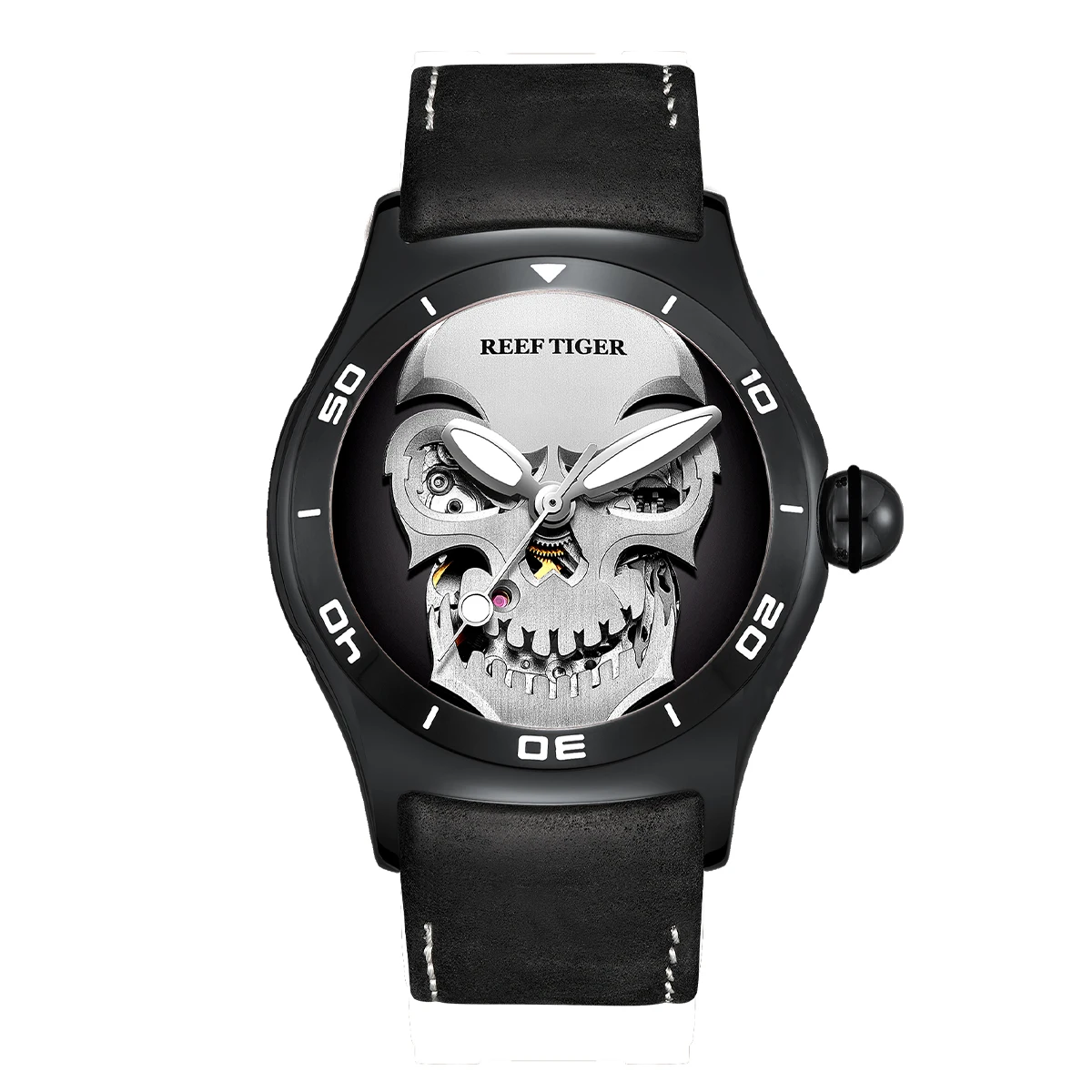 

Reef Tiger/RT Skull Skeleton Automatic Mechanical Watch For Men Black Steel Top Brand Luxury Sport Male Leather Watches RGA70S7