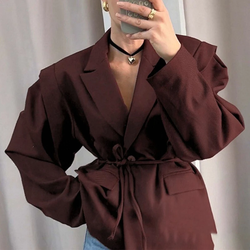 Lace Up Shoulder Pad Blazer Coat Women Elegant Turn-down Collar Long Sleeve Pockets Slim Fit Coats Chic Ladies Outerwear