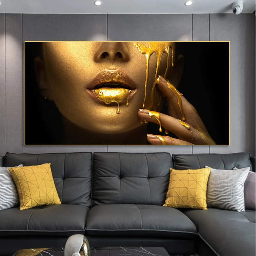 

Abstract Golden Tears Lips Canvas Painting Posters and Prints Black Woman Figure Wall Art Pictures Living Room Home Decoration