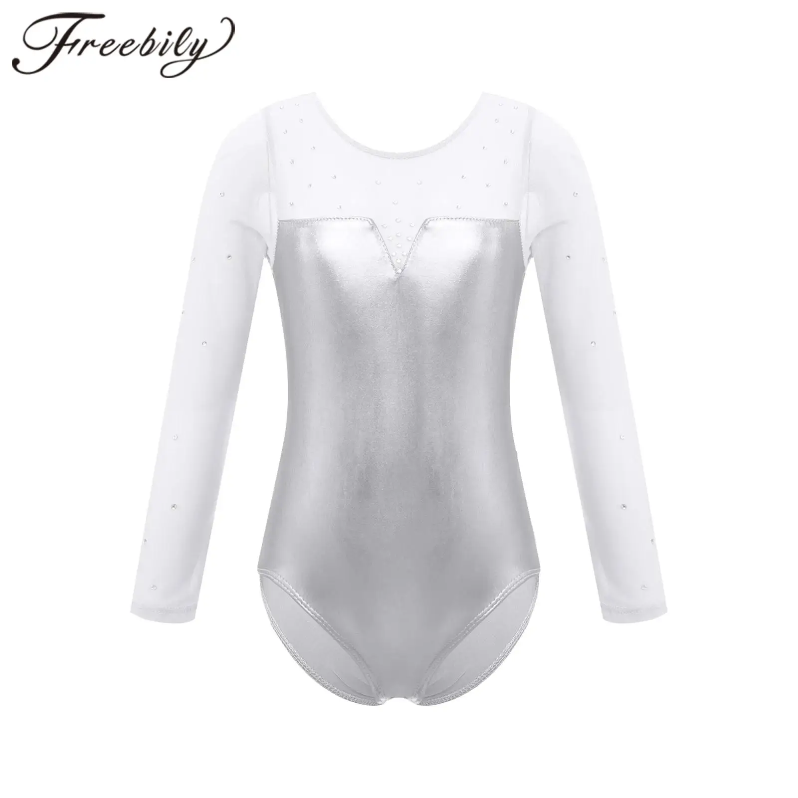 Sparkle Girls Tulle Long Sleeve Gymnastics Leotard Bodysuit Rhinestone Metallic Ballet Leotard Kids Practice Stage Dance Costume