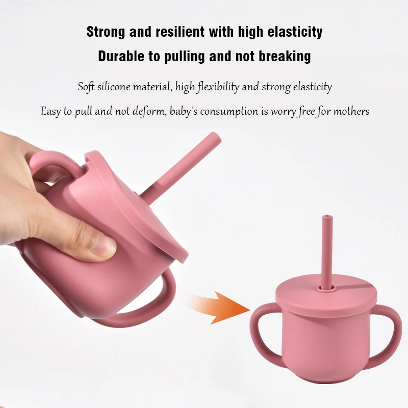 Baby Silicone Straw Cup BPA Free Portable Storage Snack Vessel Feeding Cup Double Handle Leakproof Learning Training Drink Cup 3