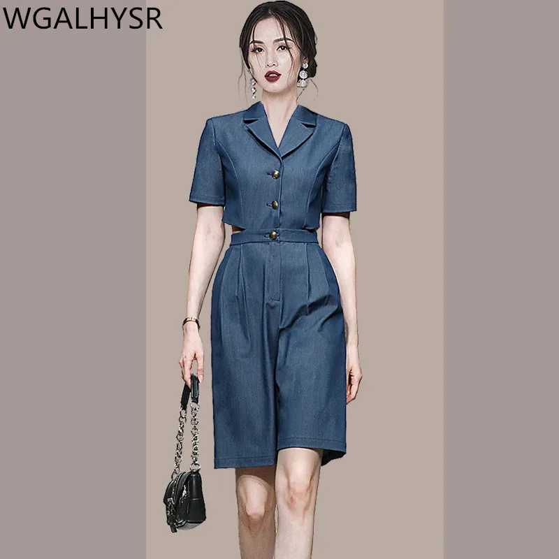 

Summer 2022 New Korean Retro Imitation Denim Jumpsuit High Waist Waist Slim V-Neck Jumpsuit Women